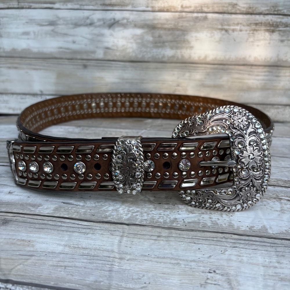 Nocona Belt Co Western Belt 33" Brown Rhinestone Studded Bling Y2K Cowgirl Rodeo - Picture 3 of 11
